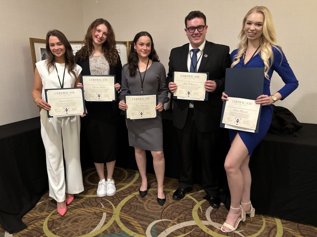 2025 INBA Scholarship winners, from left: Lauren Leisure (ISU), Simone Garber (Northwestern), Lina Gebhardt (DePaul), Matt Williamson (EIU), and Olivia Bennett (EIU).